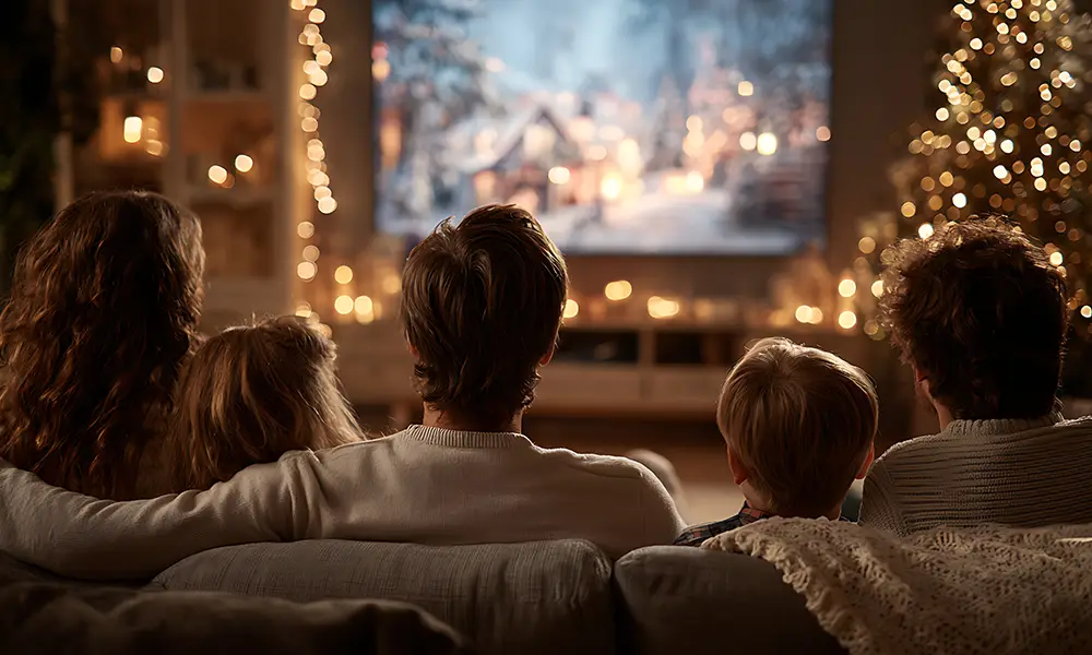 família olhando tv